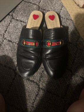 Gucci Black Leather horsebit Slip-On Mules with Green and Red Web